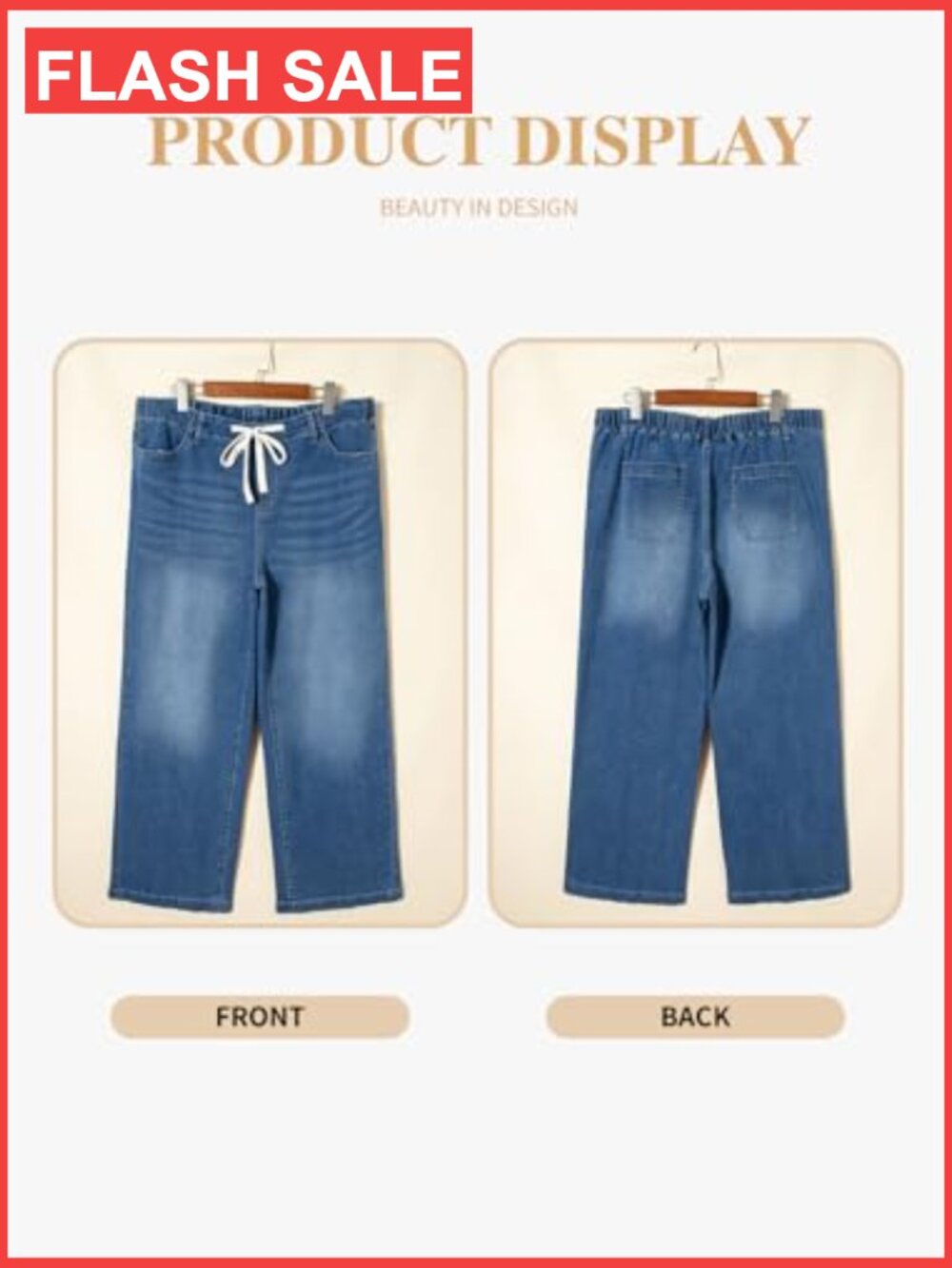 Plus Size Wide Leg Jeans Elastic Waist Drawstring Stretchy Denim Pants with - Picture 4 of 7